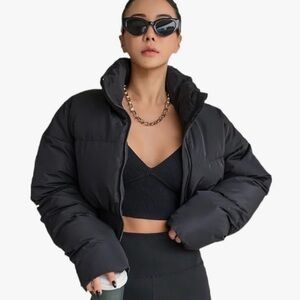 Black Cropped Puffer Jacket for Women